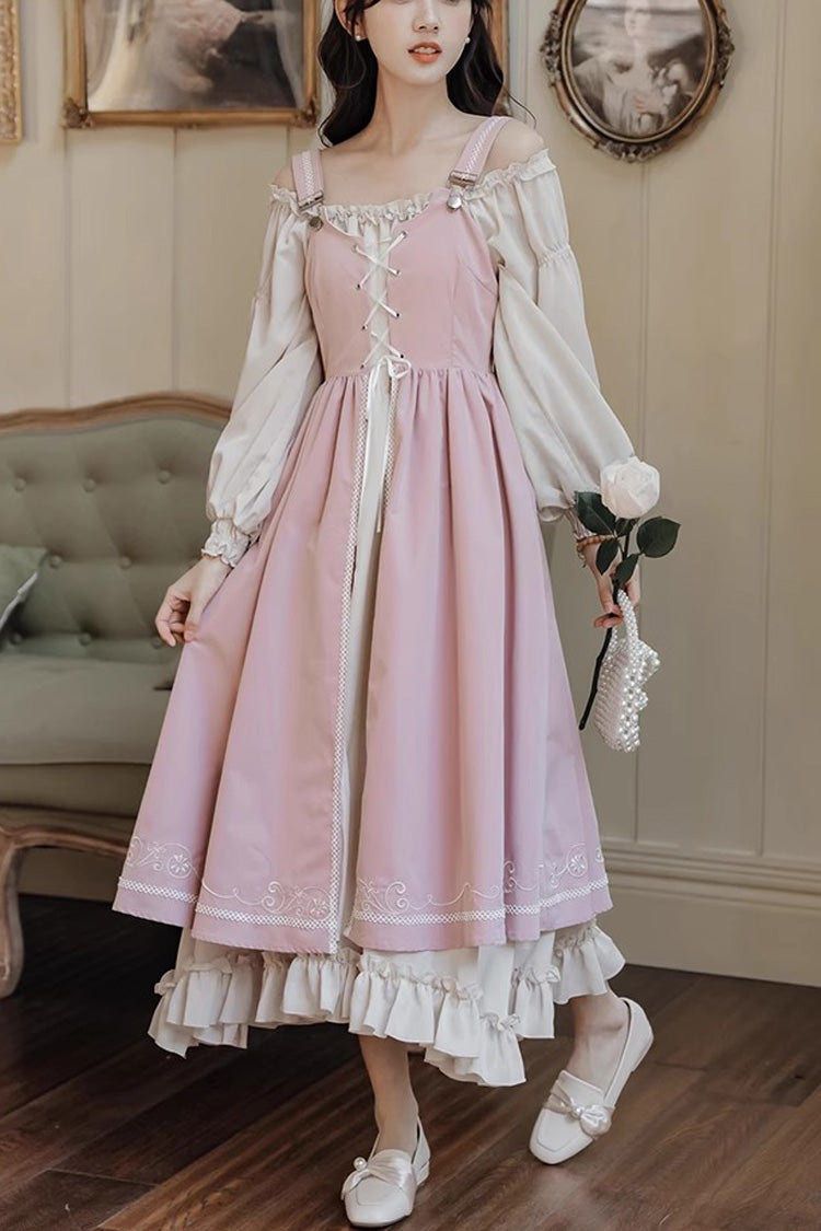 Pink Long Sleeves Ruffle Sweet Elegant Princess Lolita Dress Two Piece Set - Pink - 1