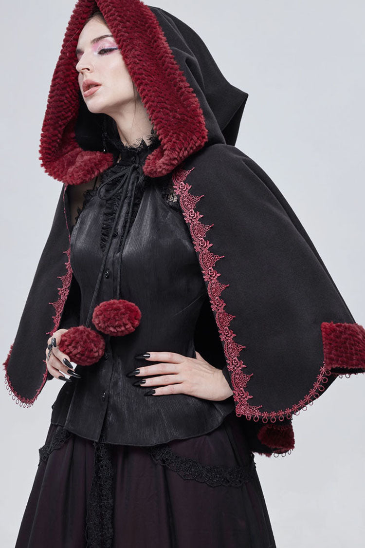 Black Gothic Petal-Shaped Double-Faced Contrast Women's Wool Hooded Shawl - Product - 4