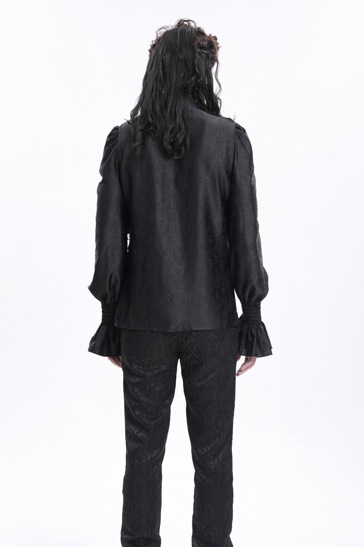 Black Stand Collar Long Sleeves Ruffle Lace Cross Men's Gothic Blouse - Product - 10