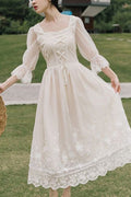 White Lantern Half Sleeves Lace Floral Embroidery Print Sweet (Dress Only) front view