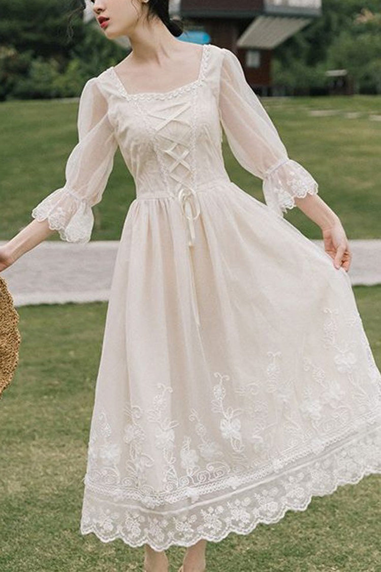 White Lantern Half Sleeves Lace Floral Embroidery Print Sweet (Dress Only) front view