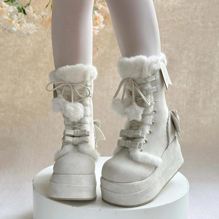 Beige Cute Platform Thick-Soled Bowknot Lace-Up Sweet Lolita Plush Boots - Product - 4