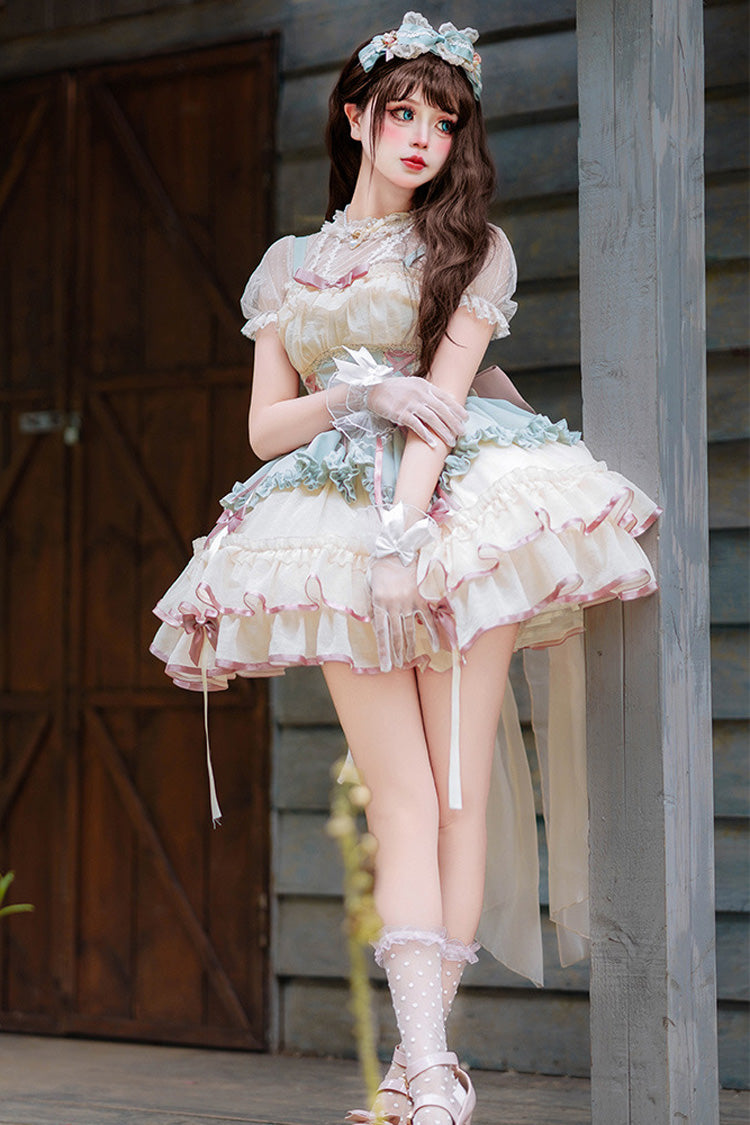 Light Green/Ivory Dance of Time Triple-Layered Ballet Style Bowknot Lace-Up Sweet Lolita Jsk Dress - Light-Green/Ivory - 1