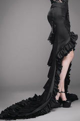 Short Front And Long Back Multi Layer Wavy Flounces Floor Length Gown Stretchy Womens Gothic Half Skirts - Black - 1