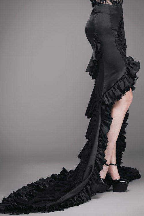 Short Front And Long Back Multi Layer Wavy Flounces Floor Length Gown Stretchy Womens Gothic Half Skirts - Black - 1