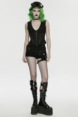 Black V Collar Sleeveless Embossed Printed Studded Zippered Women's Punk Vest - Product - 4