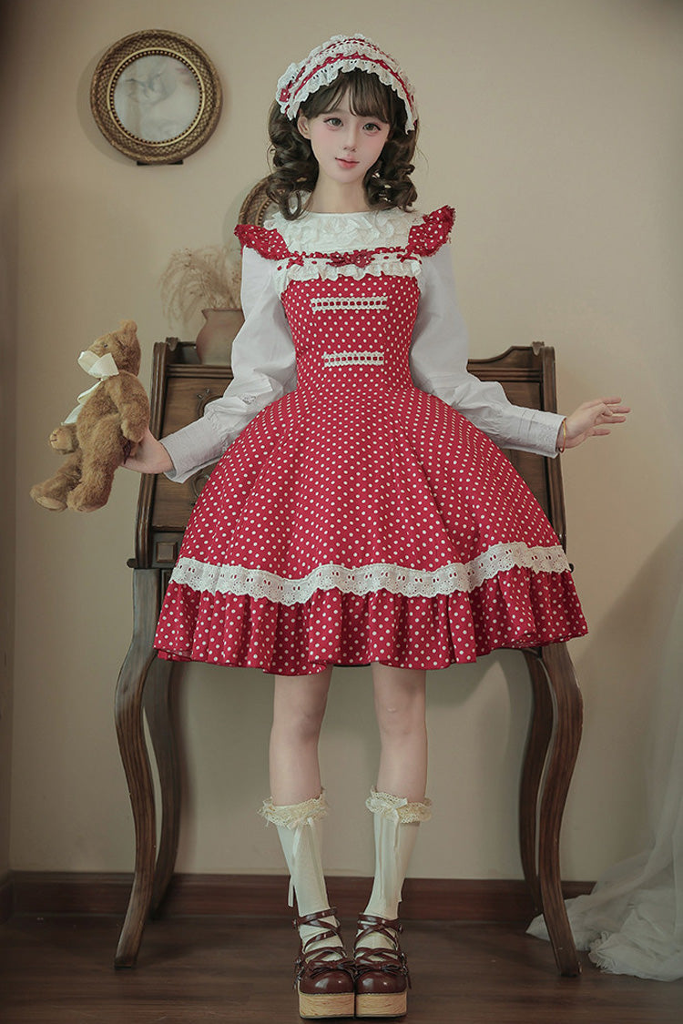 Red [Showa Memoir] Polka Dots Printed Ruffled Bow Sweet Lolita Dress - Red(JSK) - 13