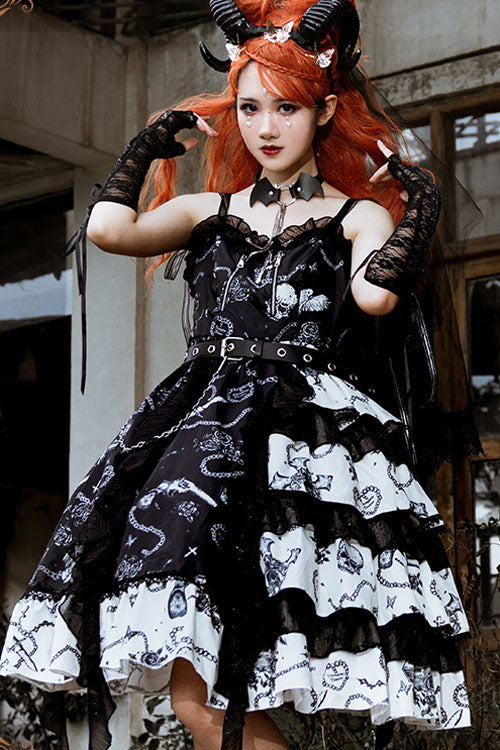 Black/White Vampire Diaries Cross Print Contrast Stitching Multi-Layer Ruffled Gothic Lolita Jsk Dress - Product - 2