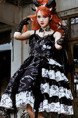 Black/White Vampire Diaries Cross Print Contrast Stitching Multi-Layer Ruffled Gothic Lolita Jsk Dress - Product - 2