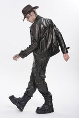 Brown Lapel Collar Long Sleeves Asymmetric Studded Zippered Pleated Eyelet Men's Punk Jacket - Product - 2