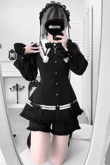 Black Long Sleeves Ruffled Bow Gothic Jirai Kei Dress Shorts - Black - 1