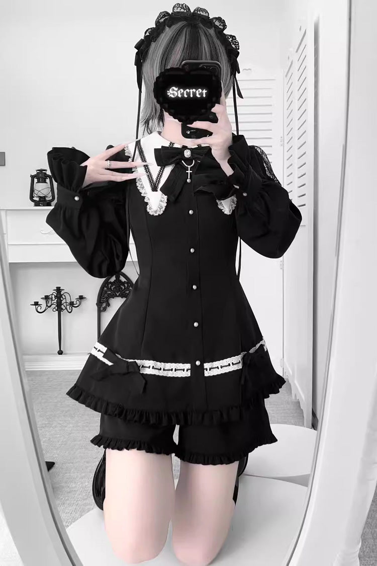 Black Long Sleeves Ruffled Bow Gothic Jirai Kei Dress Shorts - Black - 1