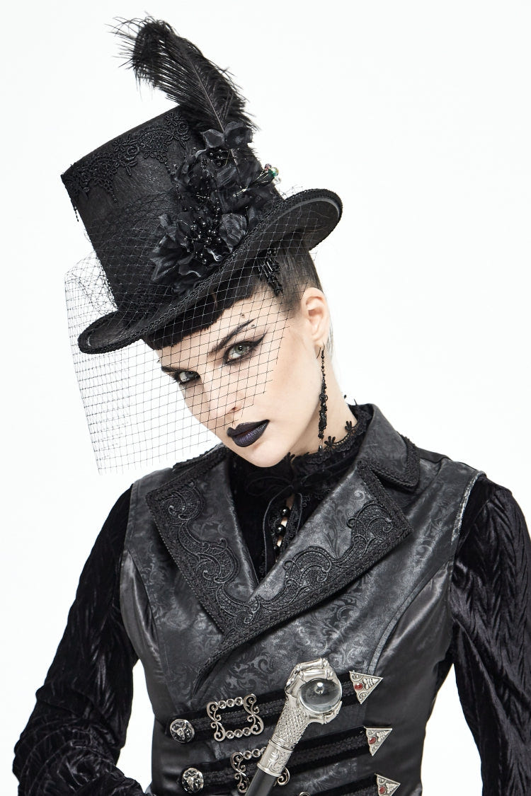 Black Women's Men's Gothic Noir Floral Feather Top Hat with Net Veil - Product - 1