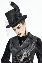 Black Women's Men's Gothic Noir Floral Feather Top Hat with Net Veil - Product - 1