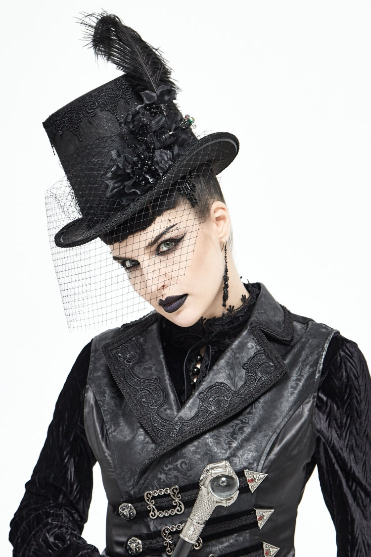 Black Women's Men's Gothic Noir Floral Feather Top Hat with Net Veil - Product - 1
