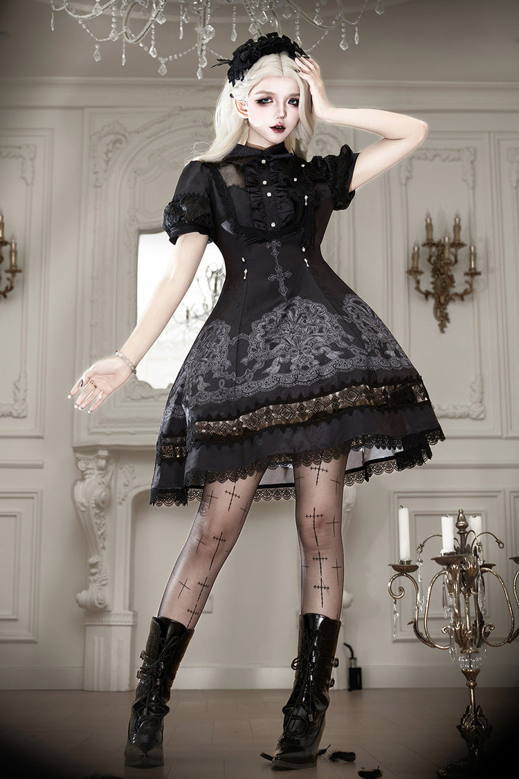 Black Lapel Collar Short Sleeves Ruffled Embroidered Lace Classic Gothic Elegant Lolita Dress - Product - 11