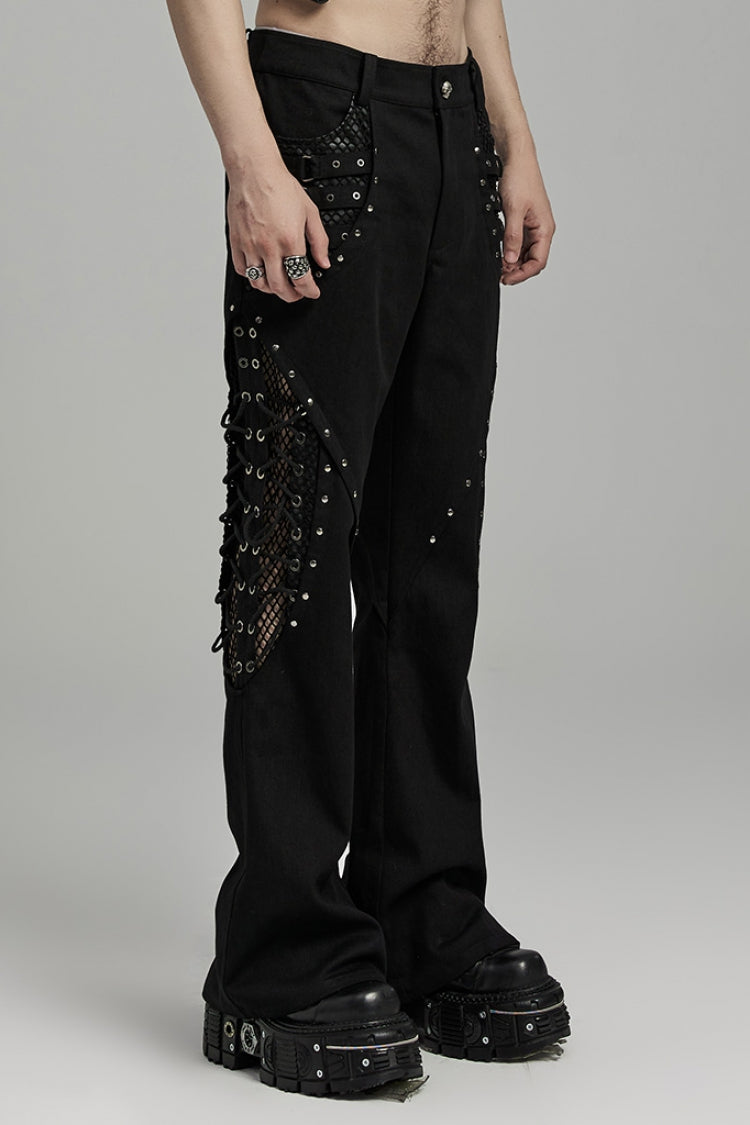 Black Stitching Lace-Up Mesh Men's Gothic Flared Pants - Product - 2