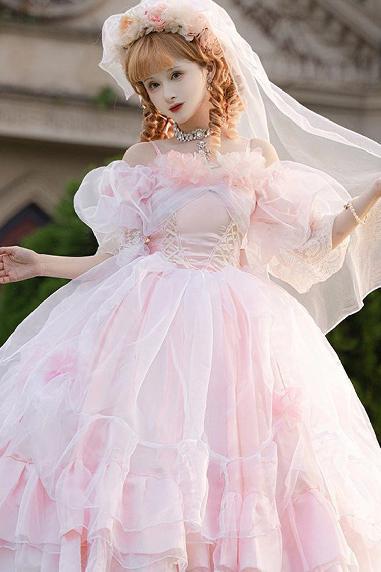 Pink Off Shoulder Short Sleeves Multi-Layered Ruffle Hanayome Bowknot Lace Sweet Plus Size Lolita Dress - Product - 5