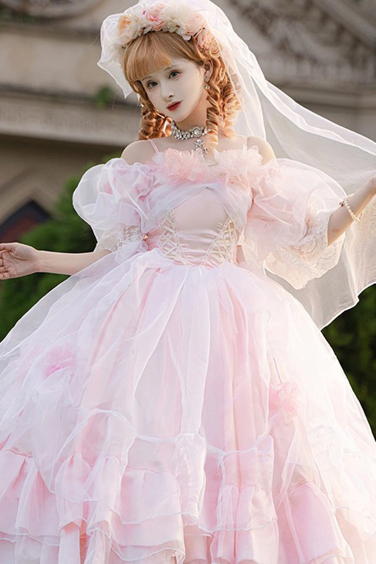 Pink Off Shoulder Short Sleeves Multi-Layered Ruffle Hanayome Bowknot Lace Sweet Plus Size Lolita Dress - Product - 5