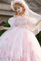Pink Off Shoulder Short Sleeves Multi-Layered Ruffle Hanayome Bowknot Lace Sweet Plus Size Lolita Dress - Product - 5