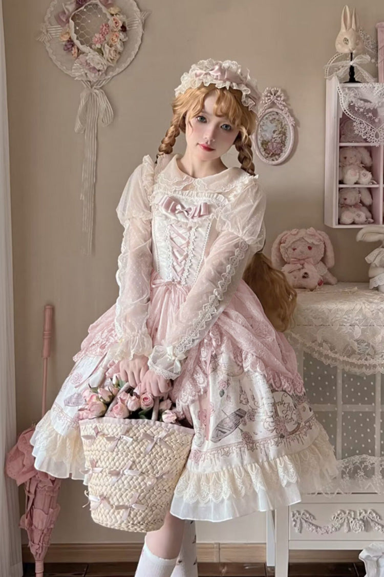 Apricot Sleeveless Rose Prologue Print Ruffle Bowknot Sweet Elegant Princess Lolita Jsk Dress - Product - 6
