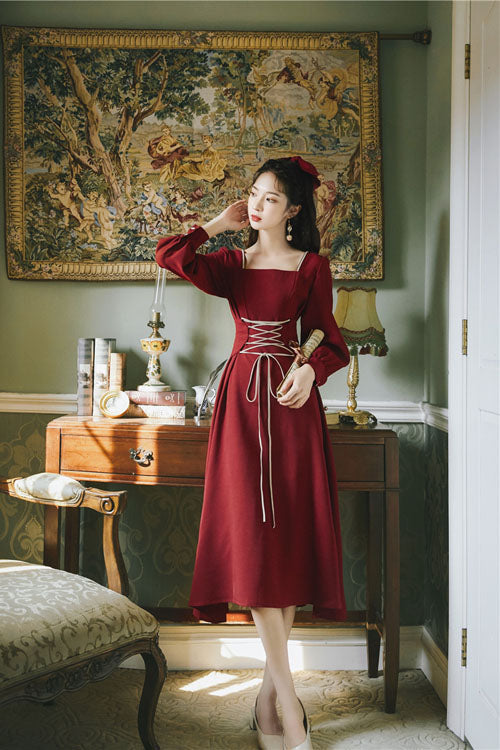 Wine Solid European Manor Square Collar Long Sleeves High Waisted Classic Lolita OP Dress - Product - 3