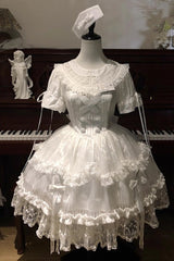 White Short Sleeves Ruffle Bowknot Lace Gothic Elegant Lolita Dress - Product - 3