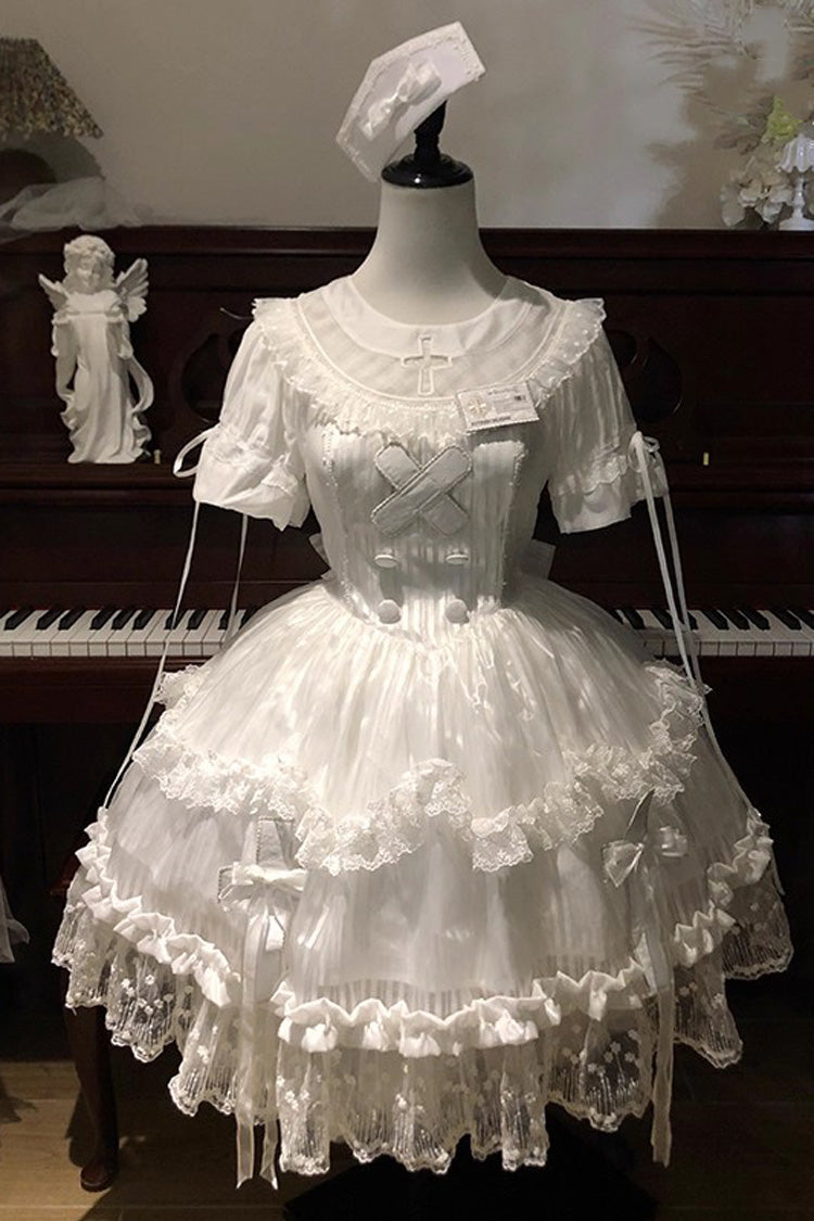 White Short Sleeves Ruffle Bowknot Lace Gothic Elegant Lolita Dress - Product - 3