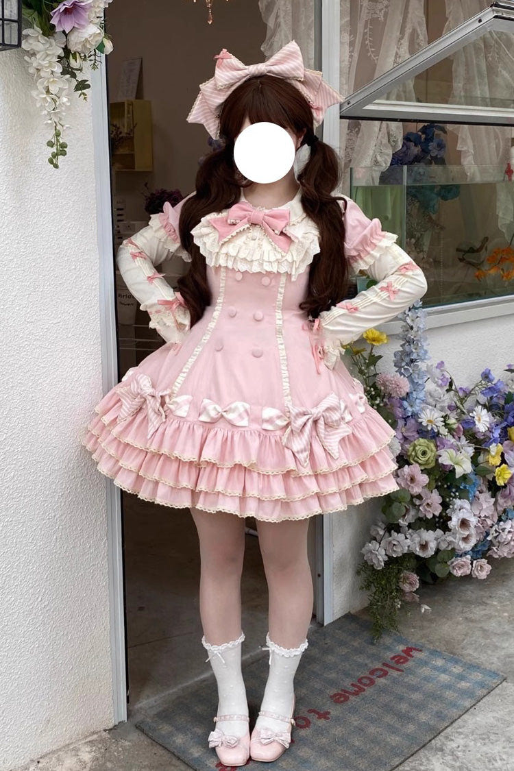 Pink [Striped Layered] Short Sleeves Multi-Layered Ruffle Bowknot Sweet Princess Lolita Tiered Dress - Product - 2