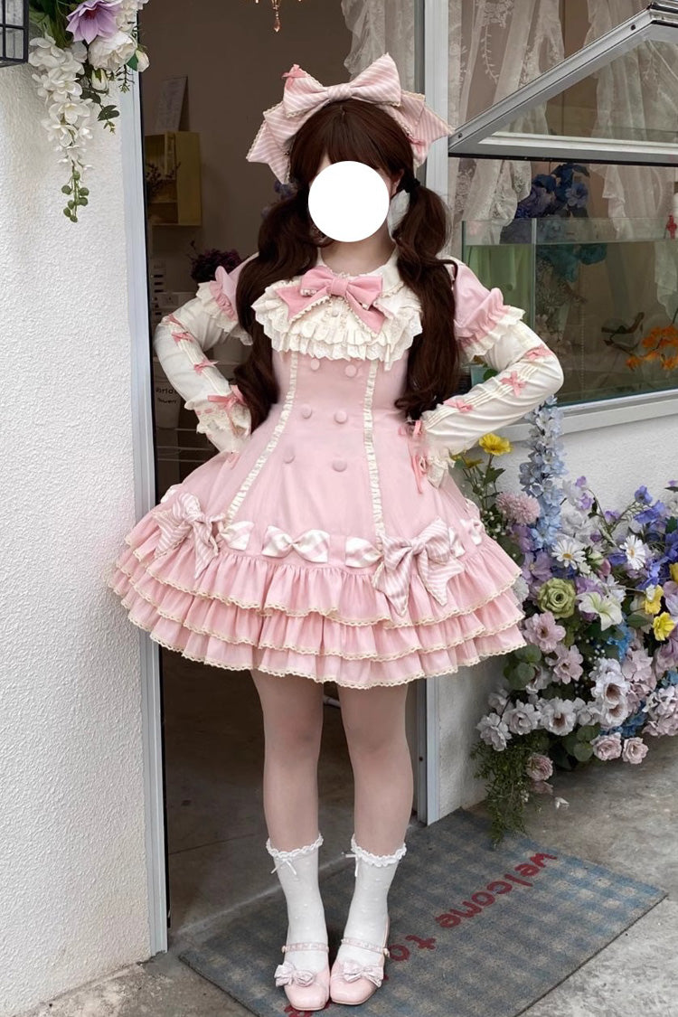 Pink Striped Layered Short Sleeves Multi-Layered Ruffle Bowknot Sweet Princess Tiered (Set) detail view 2