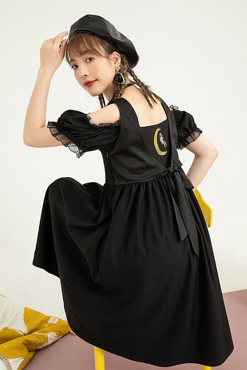Black Puff Short Sleeve High Waisted Two Ways To Wear Before And After Sweet Lolita Dress - Product - 6