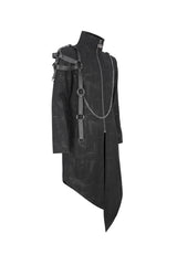 Black Stand Collar Asymmetric Hem Matching Shoulder Strap Long Men's Gothic Coat - Product - 7