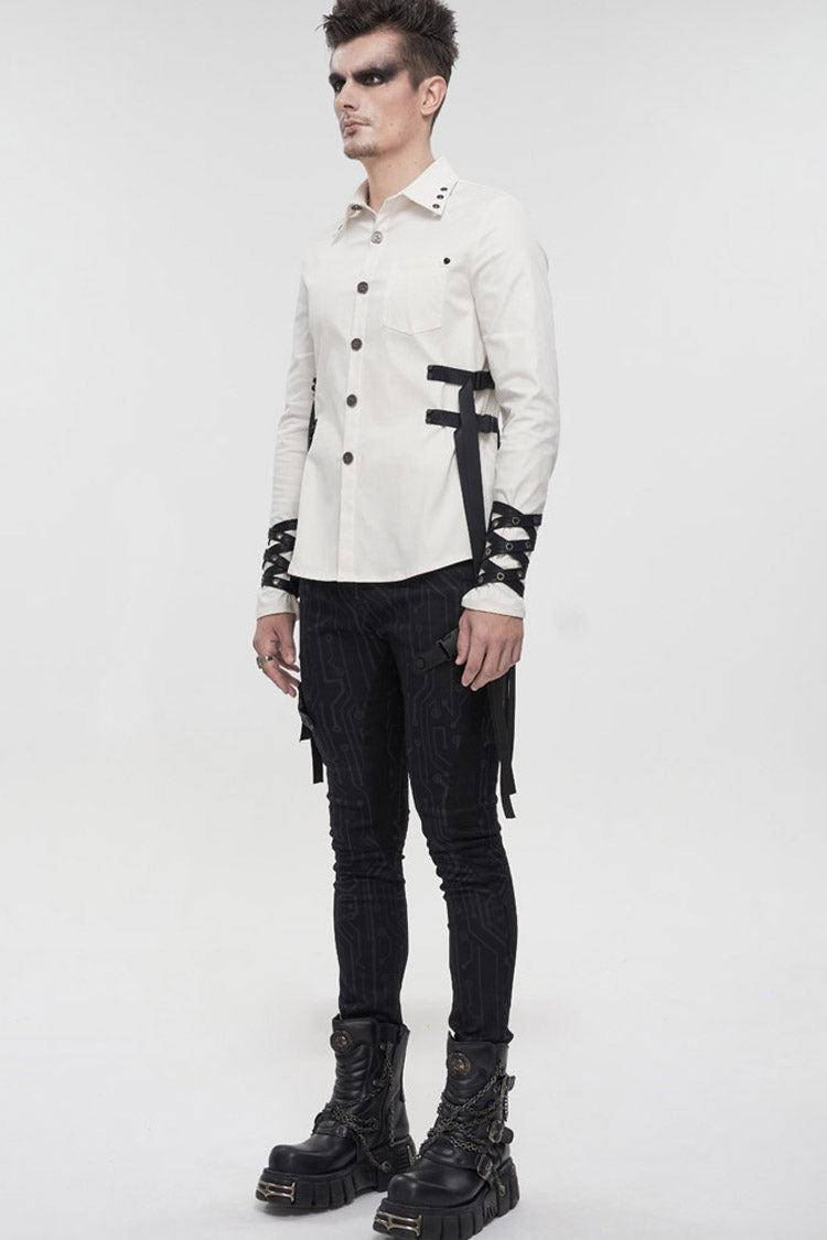 White Punk Nylon Strap Metal Buckle Decoration Long Sleeve Elasticity Thick Men's Shirt - Product - 4