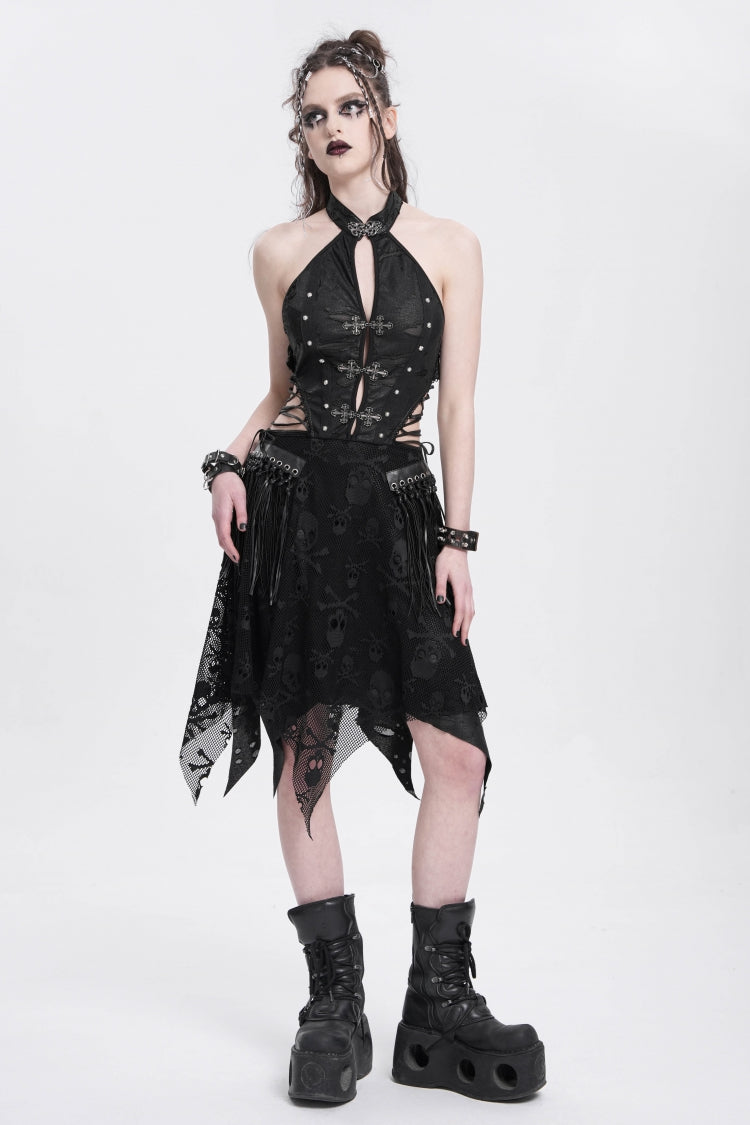 Black Halterneck Sleeveless Skull Print Irregular Women's Punk Dress - Black - 1