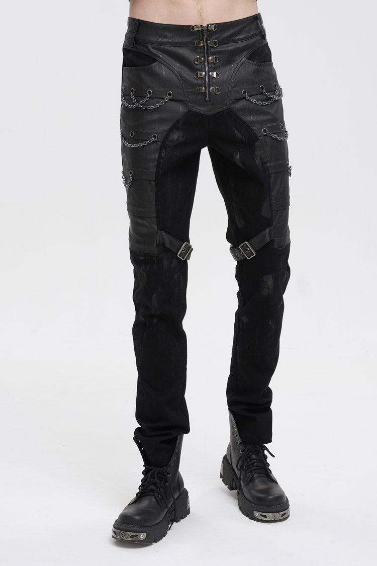 Black Slim Fit Zip Stud Side Chain Eyelet Rock Men's Gothic Trousers - Black - 1