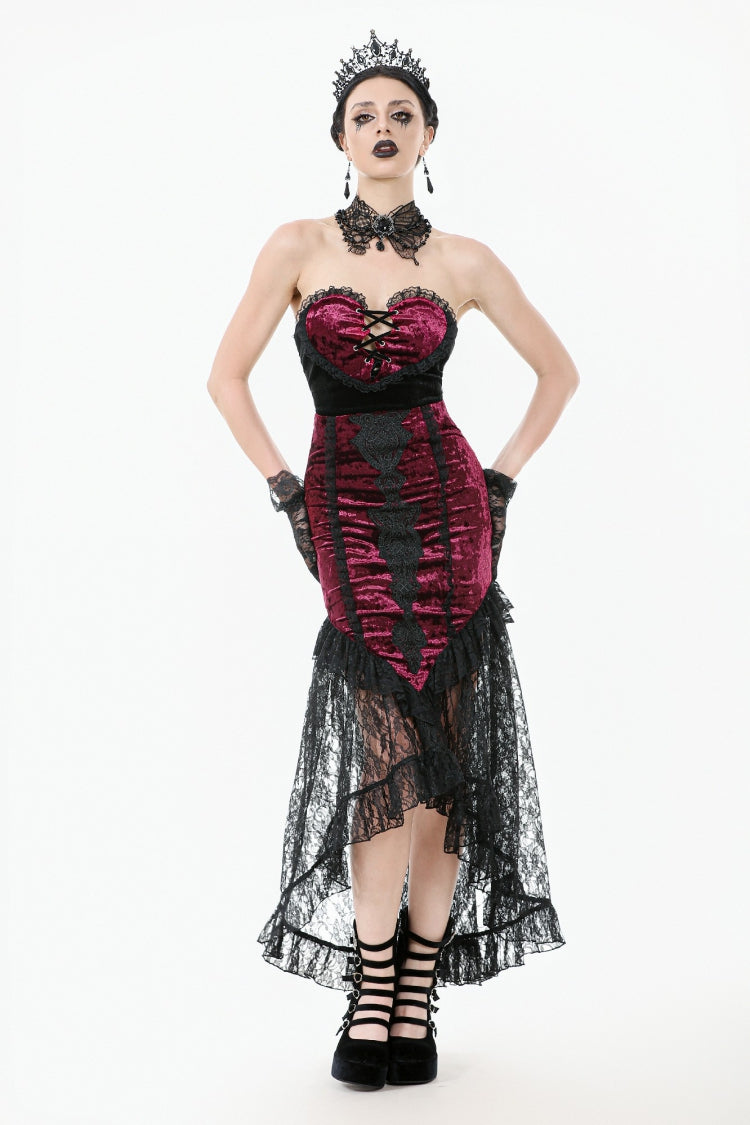 Black/Red Embroidered Velvet Spliced Lace Lace-Up Women's Gothic High/Low Maxi Skirt - Black/Red - 1