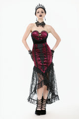 Black/Red Embroidered Velvet Spliced Lace Lace-Up Women's Gothic High/Low Maxi Skirt - Black/Red - 1