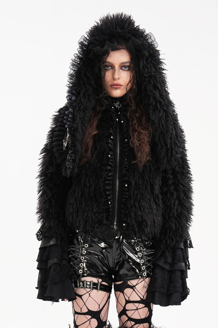 Black Long Sleeves Lace Hooded Zipper Chain Women's Gothic Jacket - Black - 1