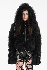 Black Long Sleeves Lace Hooded Zipper Chain Women's Gothic Jacket - Black - 1