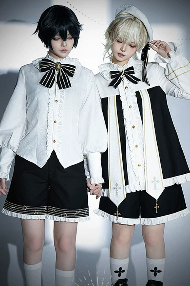 White [The Choir of The Church] Long Sleeves Bow Chain-Decorated Gothic Ouji Lolita Set - Product - 5