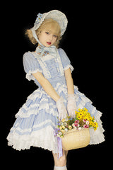 Blue Halter Lantern Short Sleeves Stitching Lace Ruffled Hanayome Sweet Lolita Op Tiered Dress - Product - 3