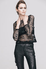 Black Skull Knit Long-Sleeve Open-Neck Round Collar Elastic Women's Punk Shirt - Product - 2