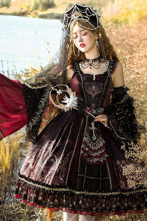 Wine Vintage Hanayome Eye of Red Heart Bowknot Multi-Layer Ruffled Classic Lolita JSK Dress - Product - 4