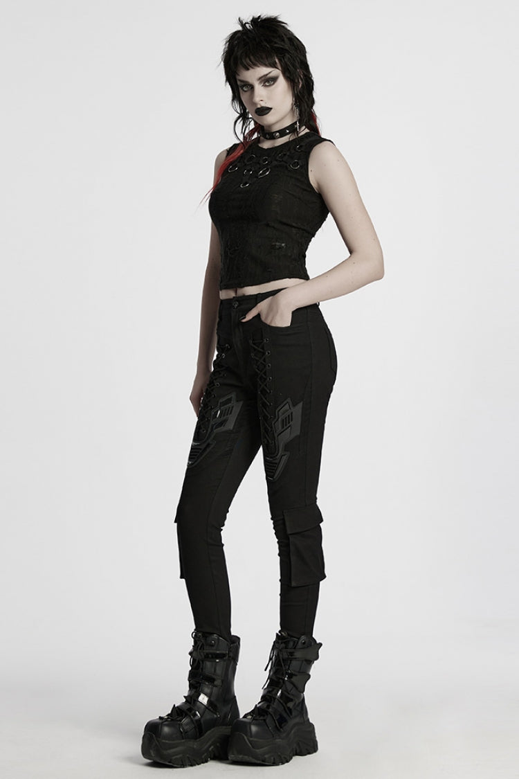 Black Lace-Up Strappy Big-pocket Women's Punk Leggings - Product - 4