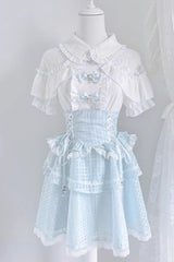 White/Blue Short Sleeves Double-Layered Ruffle Hollow Bowknot Lace-Up Jirai Kei Japanese Skirt Set - Product - 3
