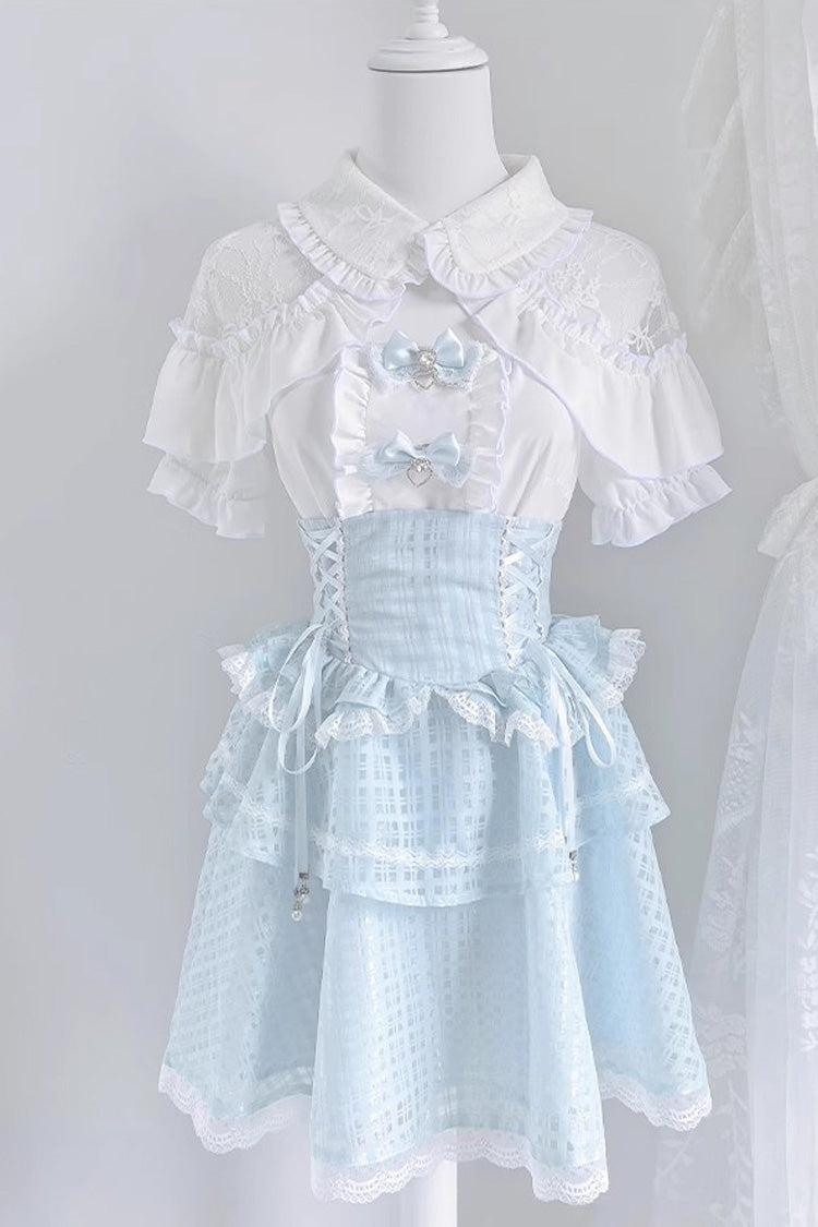 White/Blue Short Sleeves Double-Layered Ruffle Hollow Bowknot Lace-Up Jirai Kei Japanese Skirt Set - Product - 3