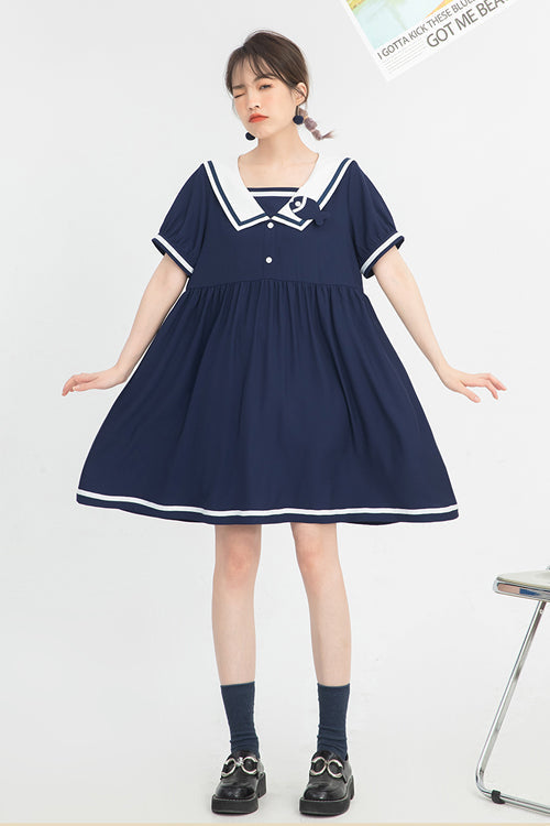 Blauer Vintage-Navy-Kragen im College-Stil, kurze Ärmel, hohe Taille, süß (Kleid einzeln), Detailansicht 3