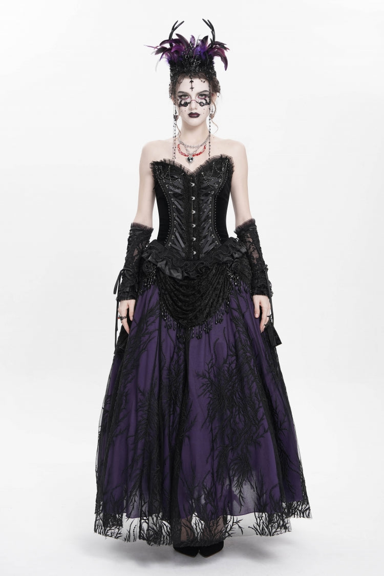 Black Sleeveless Beaded Lace Lace-Up Women's Gothic Overbust Corset - Product - 4