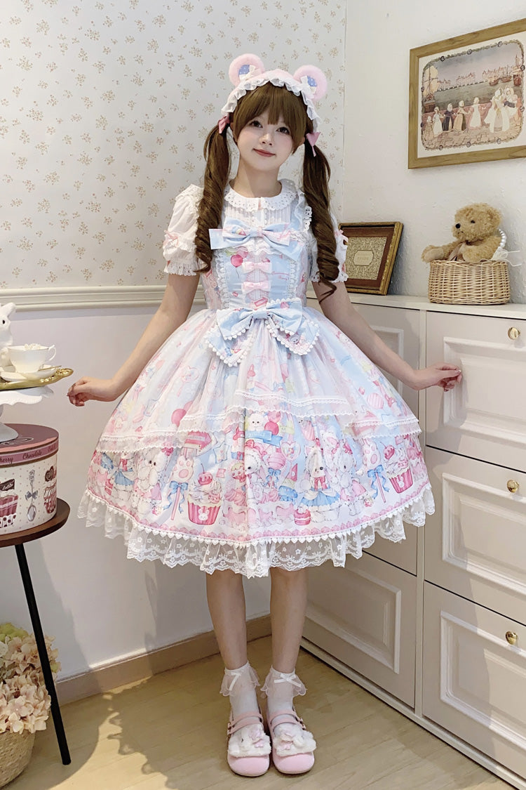 Blue [Cute Rabbit Sweet Cake] Print Ruffle Bowknot Lace Sweet Lolita Jsk Dress - Product - 7