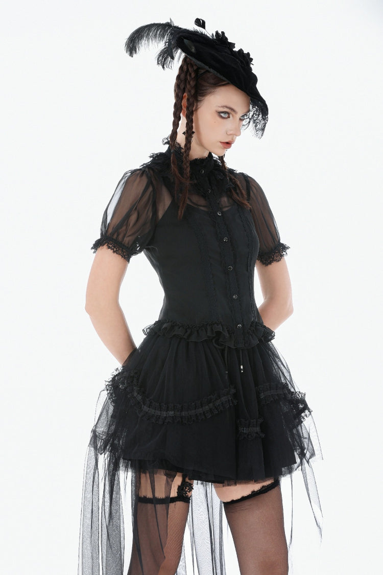 Black Multi-Layered Ruffled Lace Short Puff Sleeves Sheer Women's Courtly Gothic Blouse - Product - 10